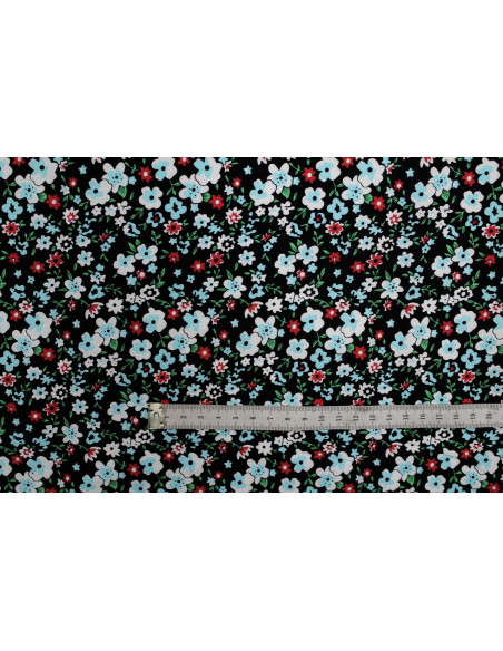 Tissu Popeline Coton Imprimé Fleur Katia Turquoise -Au Mètre