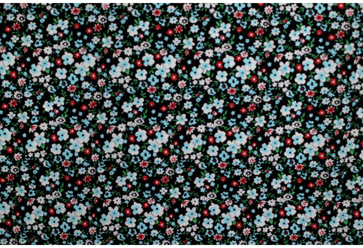 Tissu Popeline Coton Imprimé Fleur Katia Turquoise -Au Mètre
