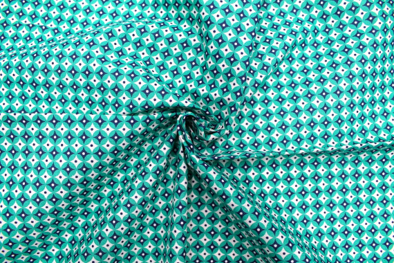 Tissu Cretonne Coton Imprimé Figures Vert Turquoise -Au Mètre