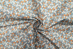 Tissu Cretonne Coton Imprimé Fleur Aster Gris Vert -Au Mètre