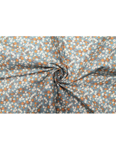 Tissu Cretonne Coton Imprimé Fleur Aster Gris Vert -Au Mètre