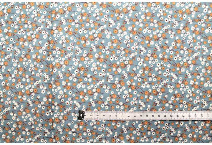 Tissu Cretonne Coton Imprimé Fleur Aster Gris Vert -Au Mètre