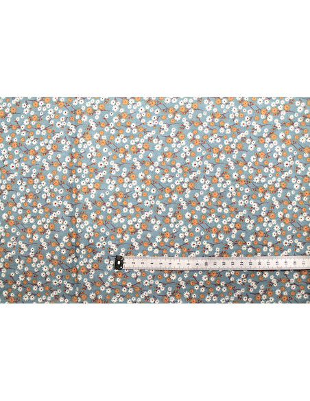 Tissu Cretonne Coton Imprimé Fleur Aster Gris Vert -Au Mètre