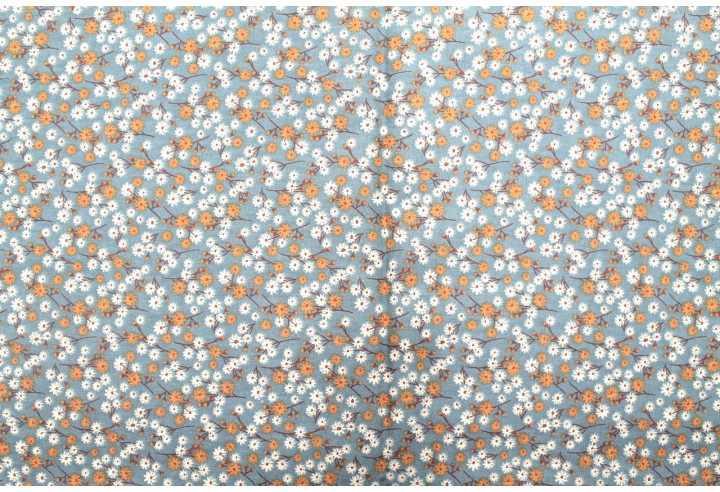 Tissu Cretonne Coton Imprimé Fleur Aster Gris Vert -Au Mètre