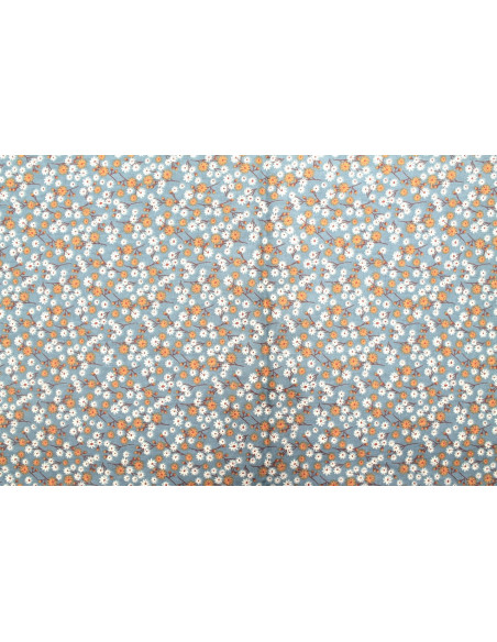 Tissu Cretonne Coton Imprimé Fleur Aster Gris Vert -Au Mètre