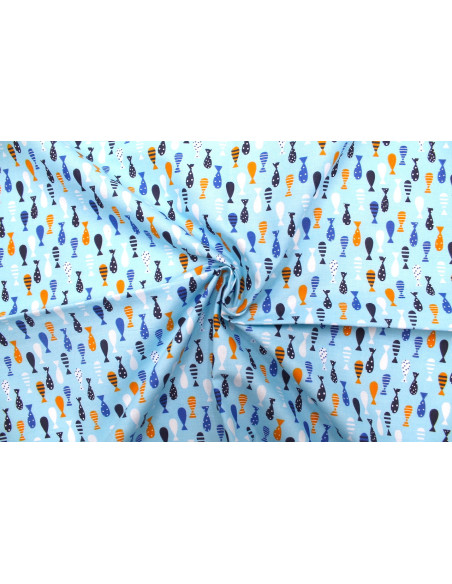Tissu Cretonne Coton Imprimé Sardines Ciel -Au Mètre