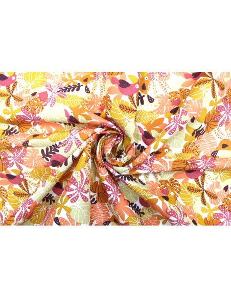 Tissu Cretonne Coton Imprimé Perroquet Corail -Au Mètre