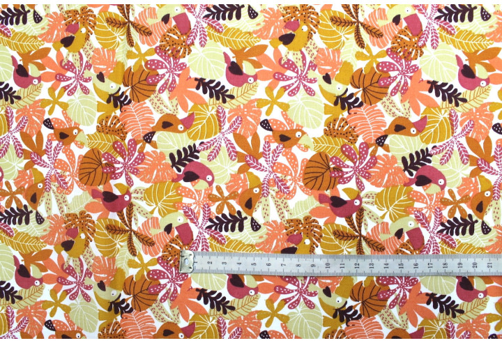 Tissu Cretonne Coton Imprimé Perroquet Corail -Au Mètre