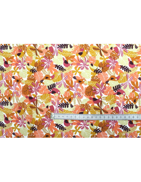 Tissu Cretonne Coton Imprimé Perroquet Corail -Au Mètre