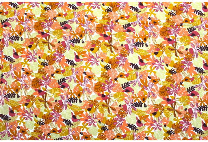 Tissu Cretonne Coton Imprimé Perroquet Corail -Au Mètre
