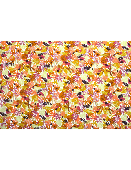 Tissu Cretonne Coton Imprimé Perroquet Corail -Au Mètre