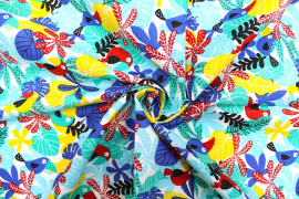 Tissu Cretonne Coton Imprimé Perroquet Turquoise -Au Mètre