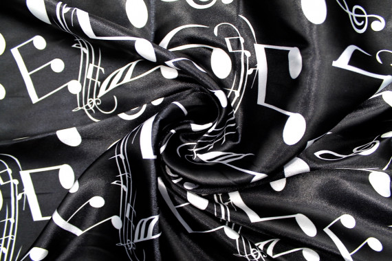 Tissu Satin Polyester Imprimé Note de Musique Noir -Au Mètre