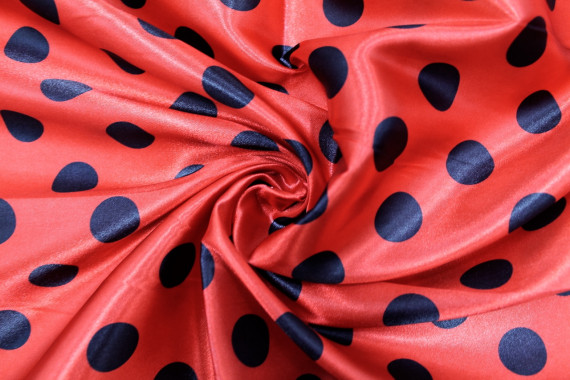Tissu Satin Polyester Imprimé Fond Rouge Pois Noir -Au Mètre