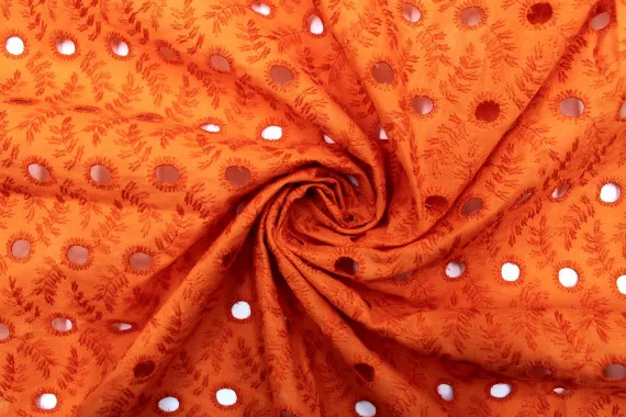 Tissu Broderie Anglaise Fleur Épi Orange -Au Mètre
