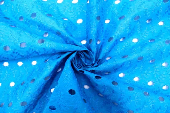 Tissu Broderie Anglaise Fleur Épi Bleu Turquoise -Au Mètre