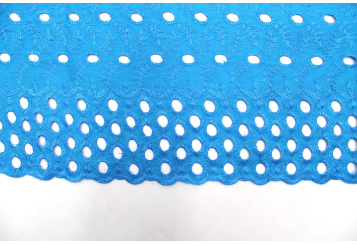 Tissu Broderie Anglaise Fleur Épi Bleu Turquoise -Au Mètre