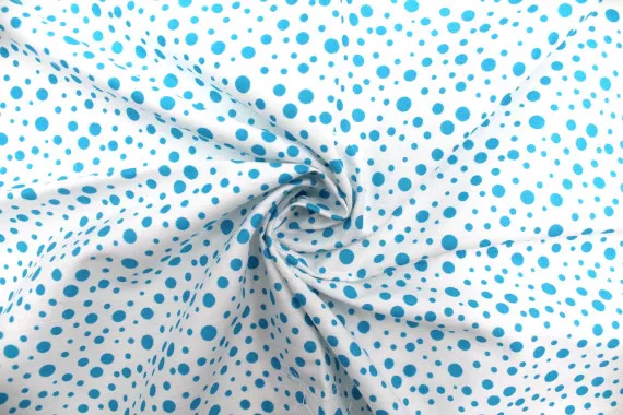 Tissu Popeline Coton Imprimé Fond Blanc Bulles Turquoise -Au Mètre