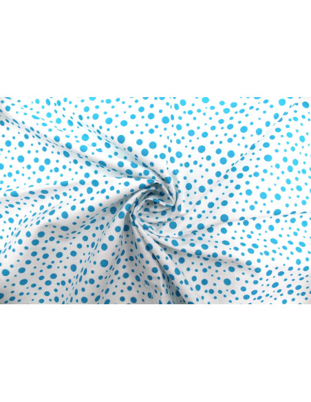 Tissu Popeline Coton Imprimé Fond Blanc Bulles Turquoise -Au Mètre