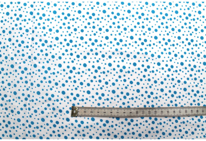Tissu Popeline Coton Imprimé Fond Blanc Bulles Turquoise -Au Mètre