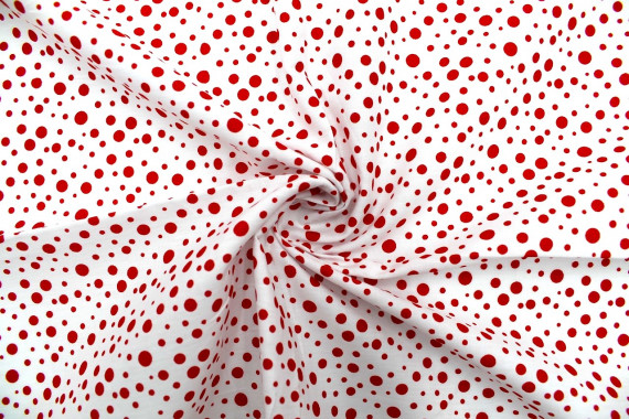 Tissu Popeline Coton Imprimé Fond Blanc Bulles Rouge -Au Mètre