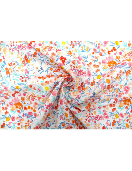 Tissu Popeline Coton Imprimé Fleur Estivale Turquoise -Au Mètre