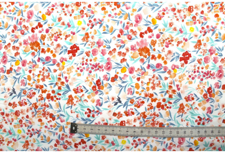 Tissu Popeline Coton Imprimé Fleur Estivale Turquoise -Au Mètre