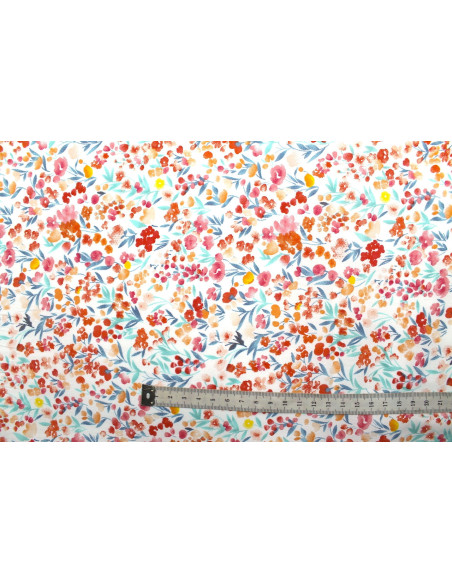Tissu Popeline Coton Imprimé Fleur Estivale Turquoise -Au Mètre