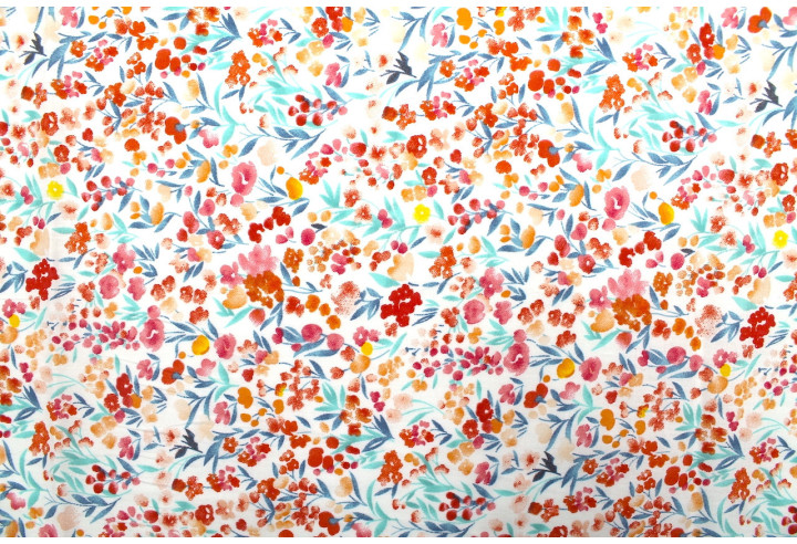 Tissu Popeline Coton Imprimé Fleur Estivale Turquoise -Au Mètre