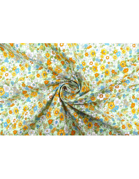 Tissu Popeline Coton Imprimé Fleur Tara Vert -Au Mètre