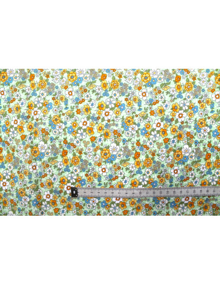 Tissu Popeline Coton Imprimé Fleur Tara Vert -Au Mètre