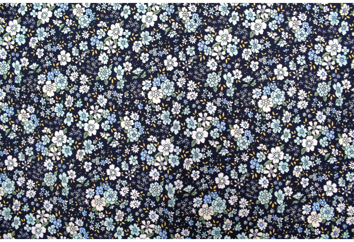 Tissu Popeline Coton Imprimé Fleur Tara Marine -Au Mètre