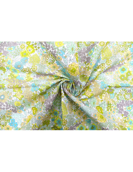 Tissu Popeline Coton Imprimé Fleur Peach Vert -Au Mètre