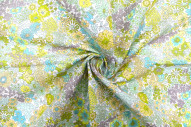 Tissu Popeline Coton Imprimé Fleur Peach Vert -Au Mètre
