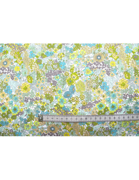 Tissu Popeline Coton Imprimé Fleur Peach Vert -Au Mètre