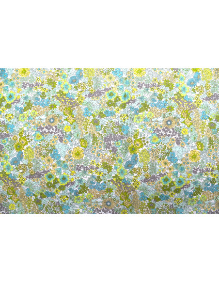 Tissu Popeline Coton Imprimé Fleur Peach Vert -Au Mètre