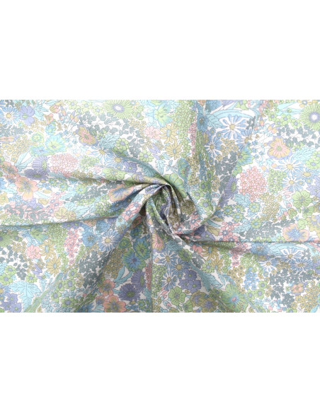 Tissu Popeline Coton Imprimé Fleur Peach Bleu -Au Mètre