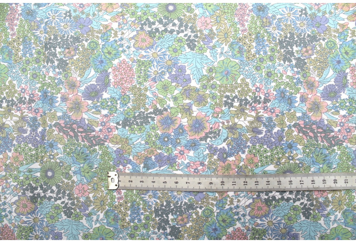 Tissu Popeline Coton Imprimé Fleur Peach Bleu -Au Mètre