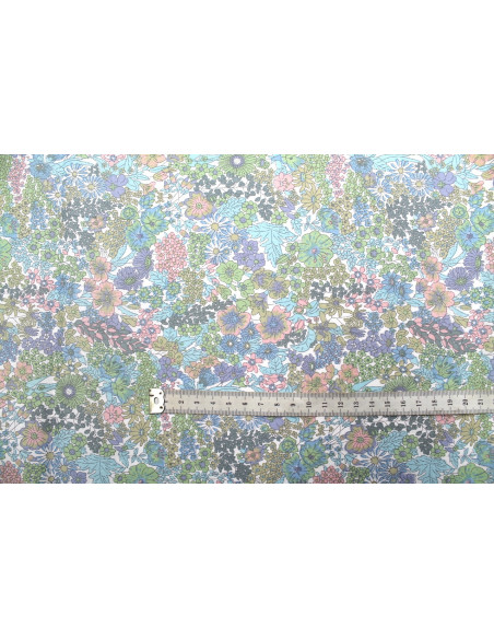 Tissu Popeline Coton Imprimé Fleur Peach Bleu -Au Mètre