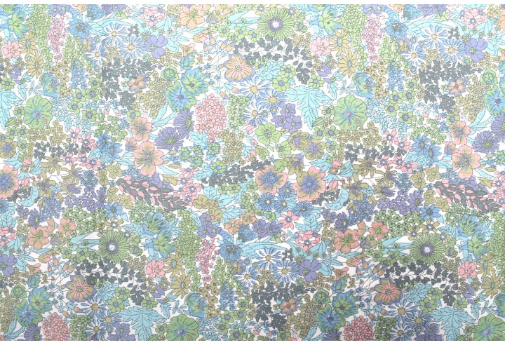 Tissu Popeline Coton Imprimé Fleur Peach Bleu -Au Mètre