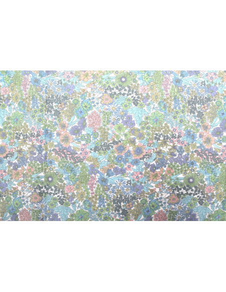 Tissu Popeline Coton Imprimé Fleur Peach Bleu -Au Mètre