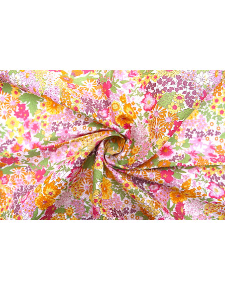 Tissu Popeline Coton Imprimé Fleur Peach Rose -Au Mètre