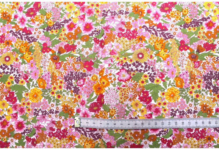Tissu Popeline Coton Imprimé Fleur Peach Rose -Au Mètre