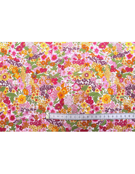 Tissu Popeline Coton Imprimé Fleur Peach Rose -Au Mètre