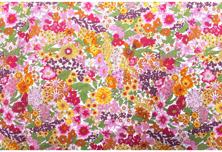 Tissu Popeline Coton Imprimé Fleur Peach Rose -Au Mètre