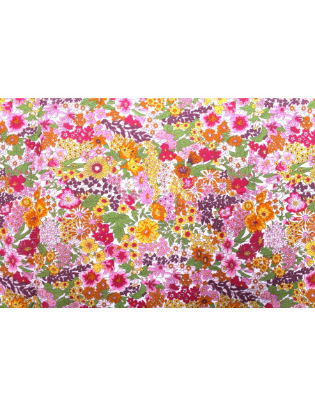 Tissu Popeline Coton Imprimé Fleur Peach Rose -Au Mètre