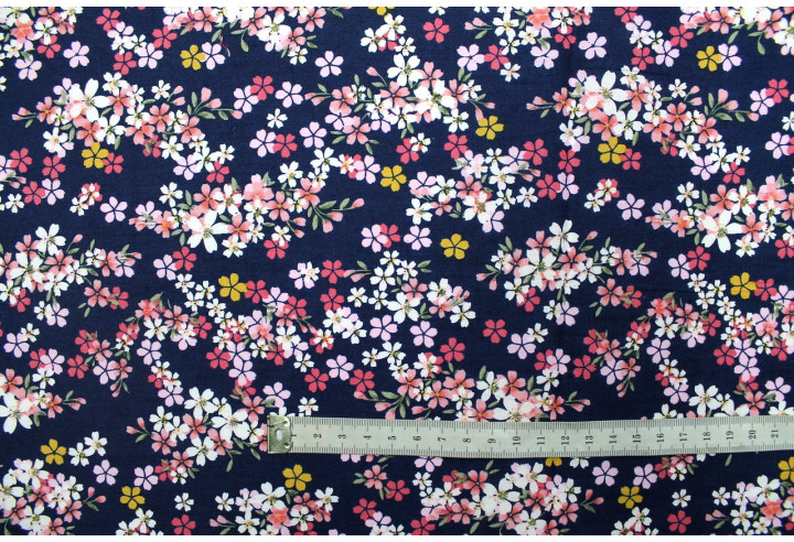 Tissu Popeline Coton Imprimé Fleur Lichy Marine -Au Mètre