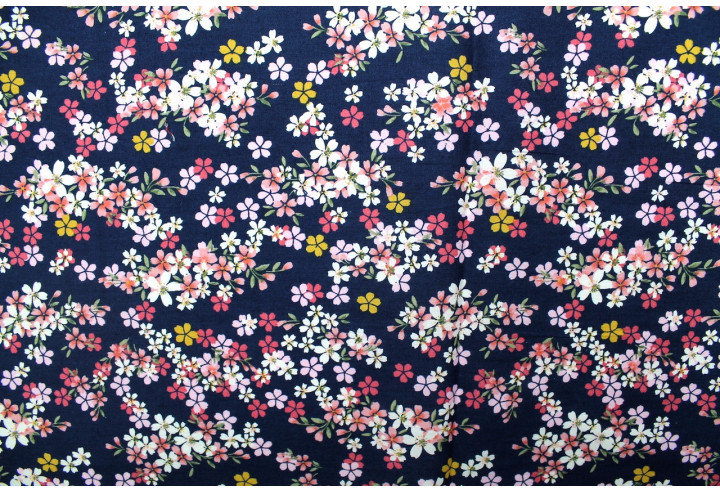 Tissu Popeline Coton Imprimé Fleur Lichy Marine -Au Mètre