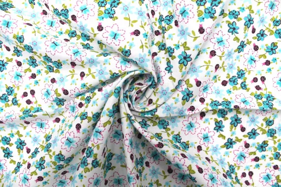 Tissu Popeline Coton Imprimé Fleur Aviva Turquoise -Au Mètre