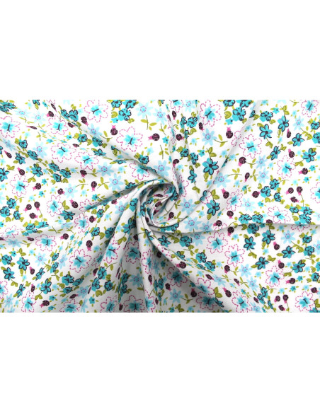 Tissu Popeline Coton Imprimé Fleur Aviva Turquoise -Au Mètre